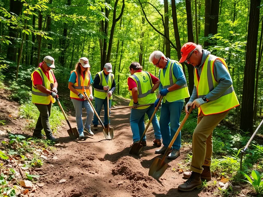 A group of volunteers participating in a trail maintenance activity, highlighting the community involvement fostered by ASS DEFENSE ET MISE EN VALEUR CHEMINS.