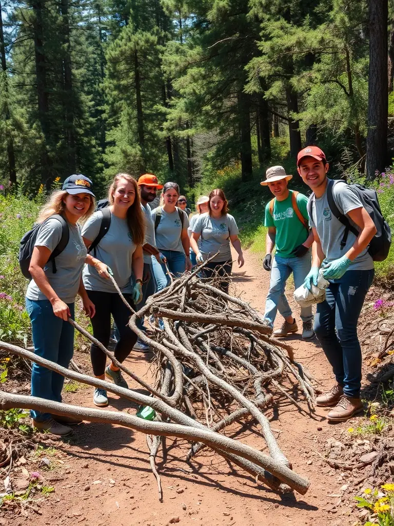 A photograph capturing volunteers clearing debris from a rural trail, showcasing the direct impact of their efforts on preserving natural spaces.