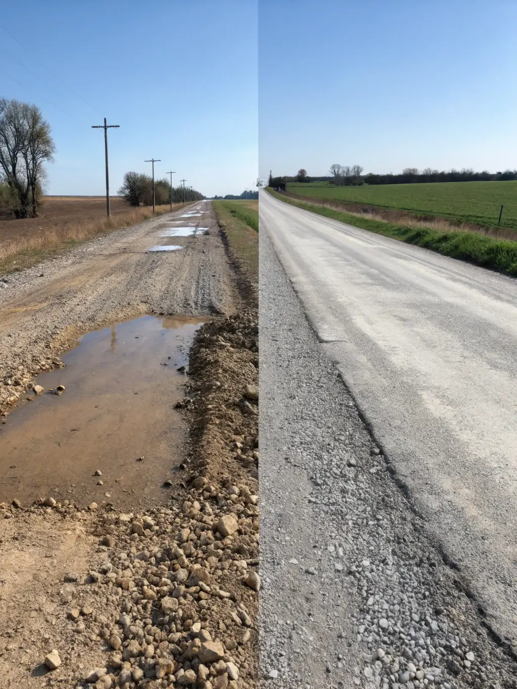 A before-and-after shot of a rural road, showcasing the positive impact of the association's preservation efforts. The image highlights the transformation and the tangible results of their work.
