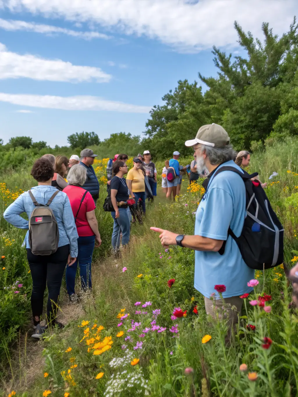 A group of people participating in a guided tour along a rural road, learning about its history and ecological importance. The image emphasizes the educational aspect of the association's work and its commitment to raising awareness.