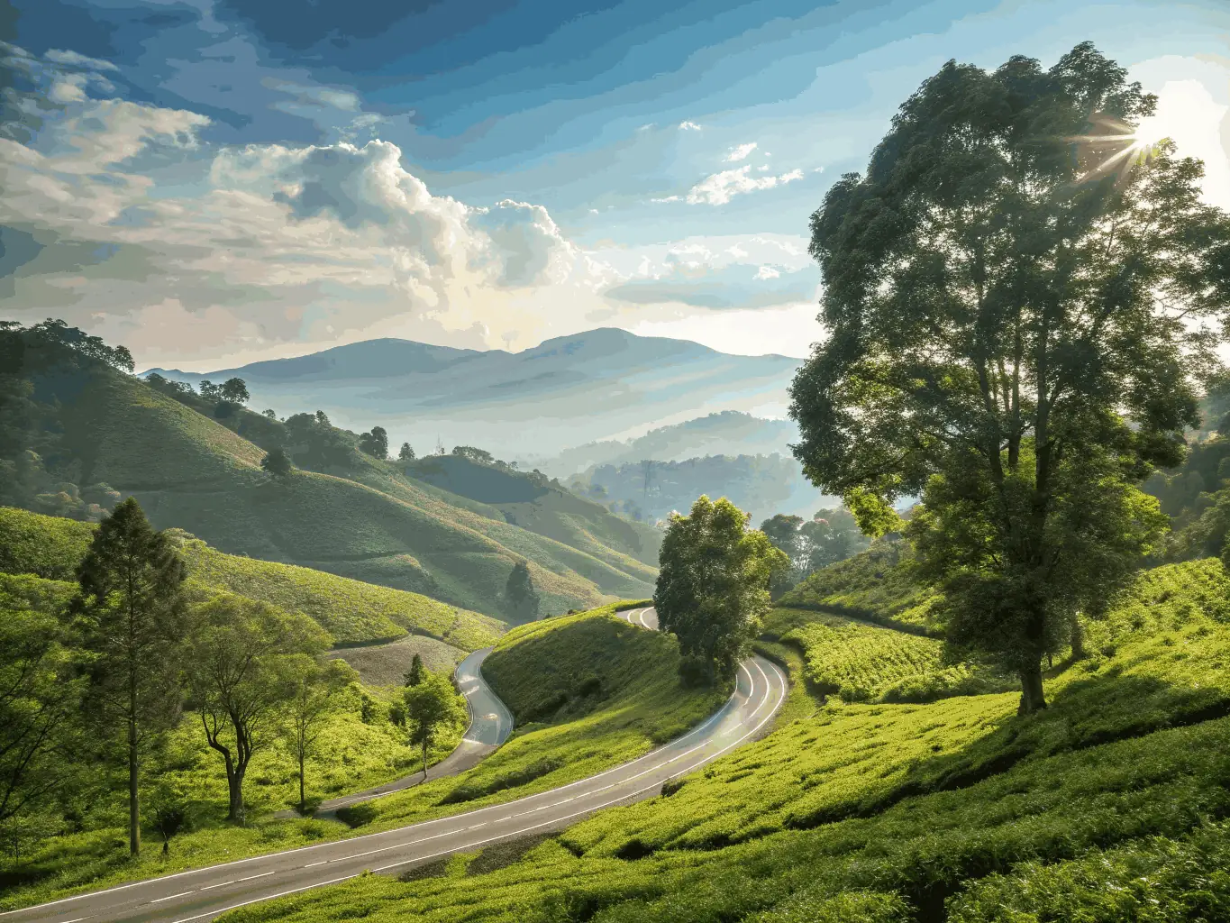 A scenic view of a restored rural road winding through a lush green forest, showcasing the association's commitment to preserving natural landscapes.