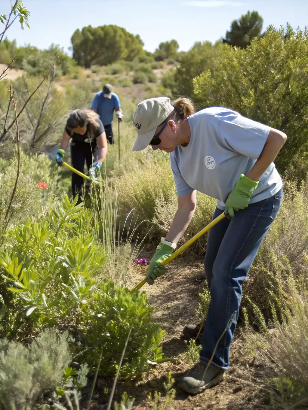 A high-quality photo of volunteers clearing overgrown vegetation from a rural trail, showcasing the association's restoration efforts.