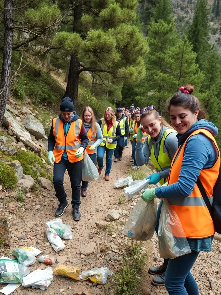 Volunteers cleaning up debris and maintaining a rural trail, highlighting the community involvement and dedication to preserving these natural spaces. The image captures the spirit of collaboration and environmental stewardship.