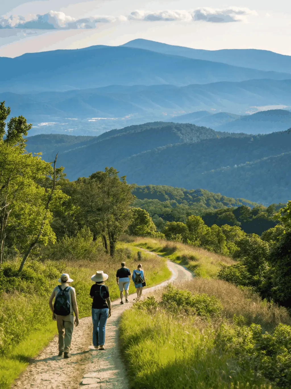 An image of a group of hikers using a rural trail, emphasizing the importance of these roads for public access and recreation.