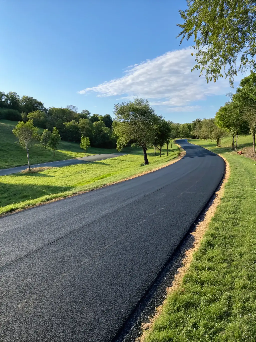 A scenic view of a restored rural road in the French countryside, showcasing the natural beauty and historical significance of the area. The road is well-maintained and blends harmoniously with the surrounding landscape.