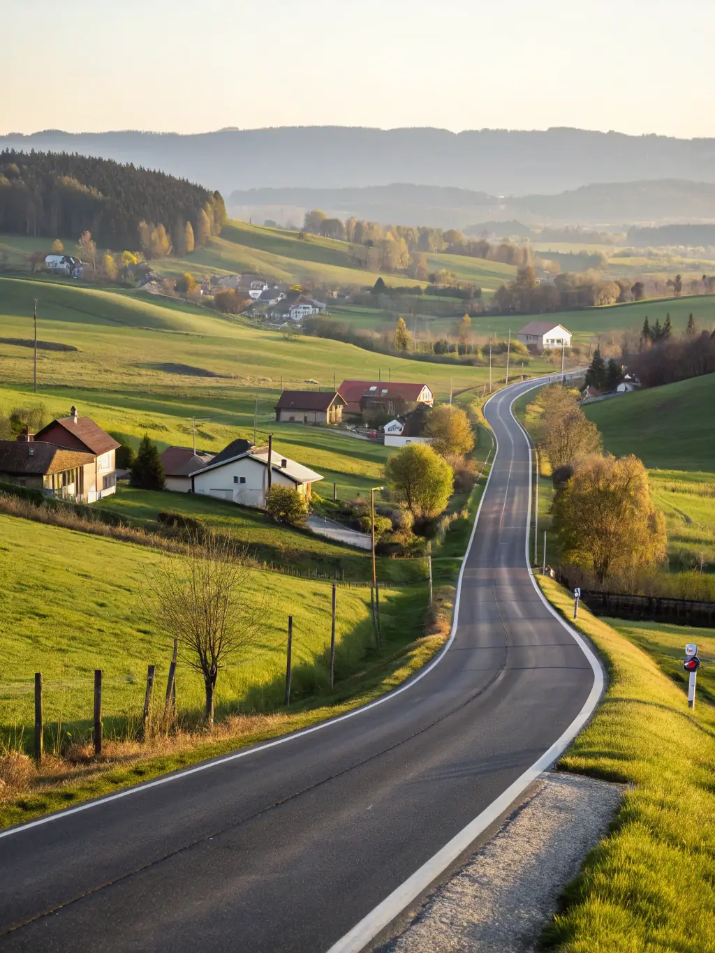 A scenic view of a well-maintained rural road winding through the French countryside, showcasing its natural beauty and historical significance.