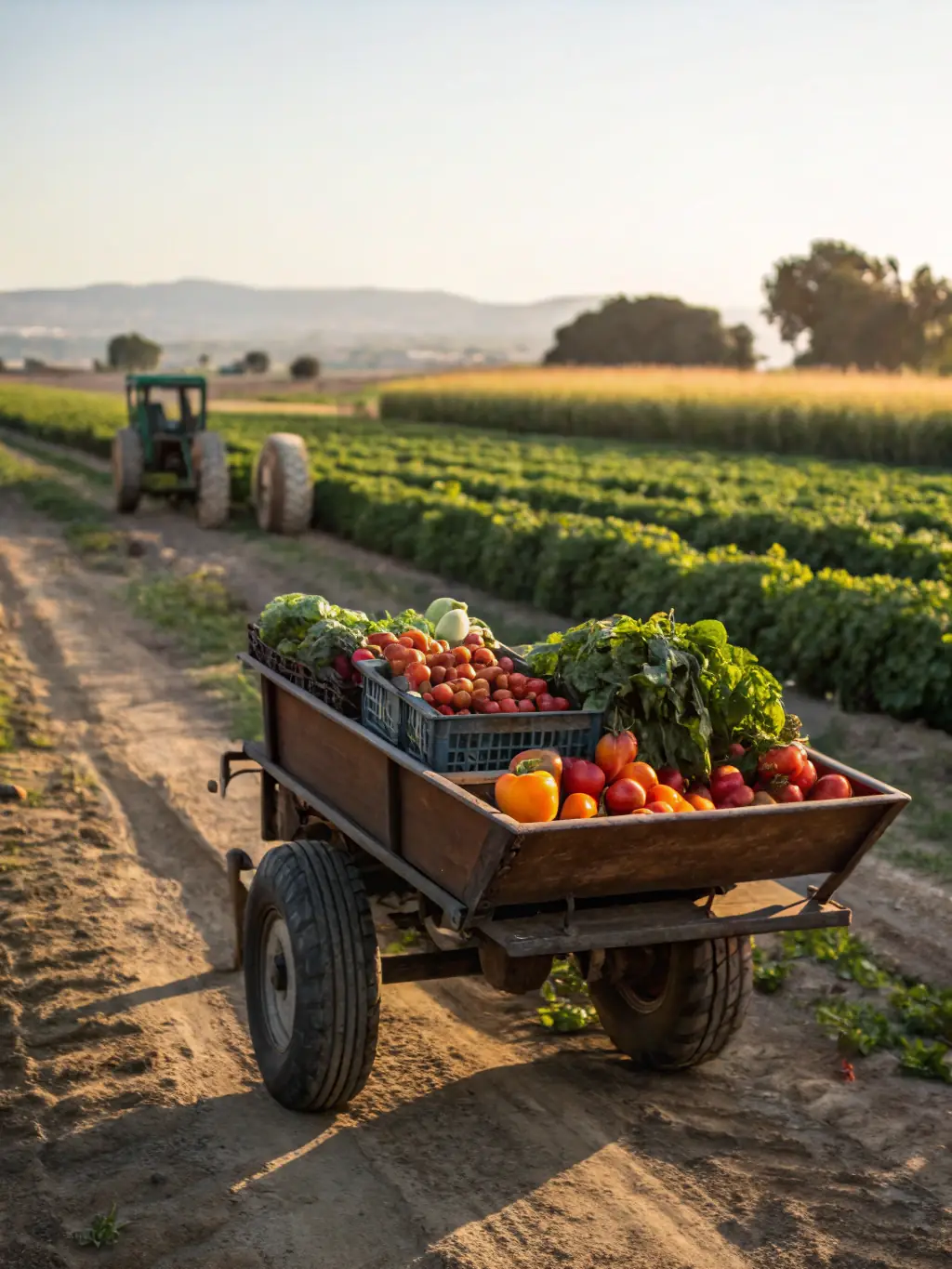 A picture of local farmers using a rural road to transport their produce, emphasizing the economic importance of these roads for sustainable development.