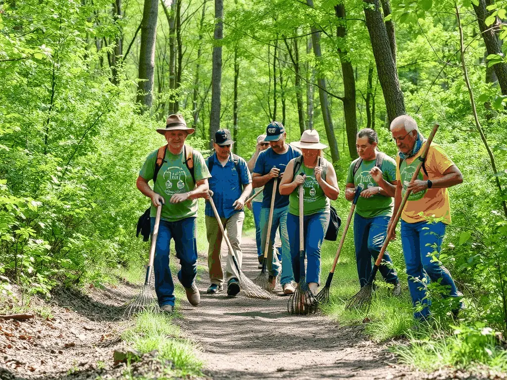 A group of volunteers working together to clear debris and maintain a rural trail, highlighting the association's community engagement efforts.