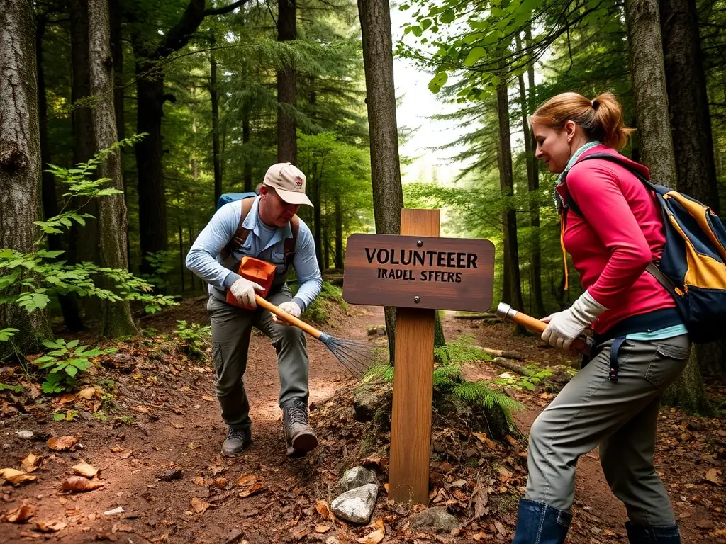 A group of volunteers working together to clear a historical trail, demonstrating the association's commitment to community involvement and the preservation of historical heritage. The image should convey a sense of collaboration and purpose.